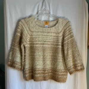 Holiday sweater! NWOT cream and metallic gold striped “mohair” cropped sweater